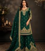 Green chinon silk sharara suit with embroidered dupatta