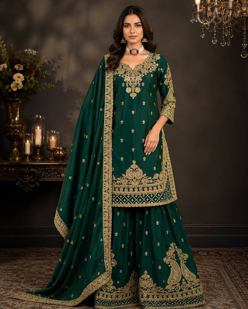 green chinon silk blend sharara suit with embroidered dupatta