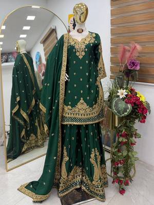 Green chinon silk sharara suit with embroidered dupatta 2