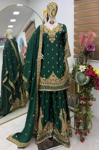 Green chinon silk sharara suit with embroidered dupatta