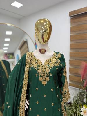 Green chinon silk sharara suit with embroidered dupatta 3