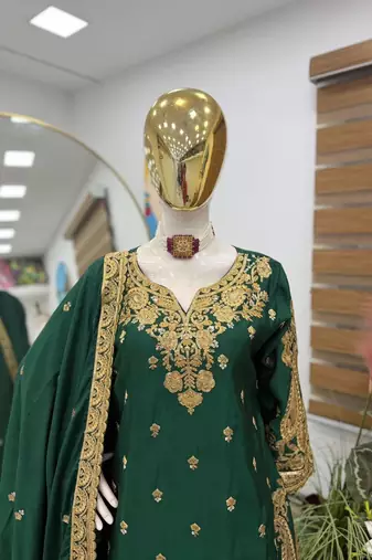 Green chinon silk sharara suit with embroidered dupatta