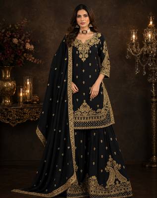 Black chinon silk sharara suit with embroidered dupatta 1