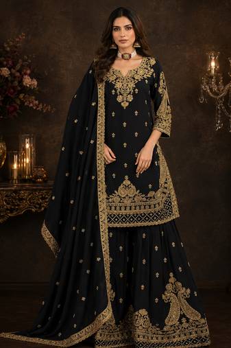 Black chinon silk sharara suit with embroidered dupatta