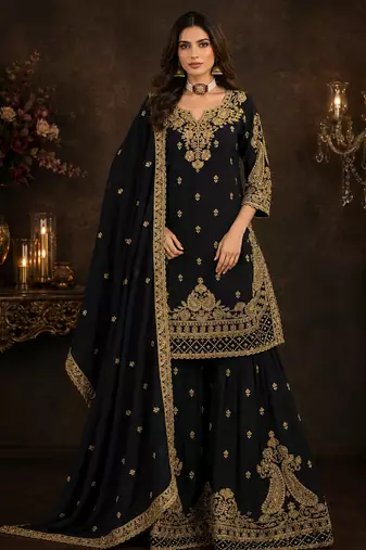Black chinon silk sharara suit with embroidered dupatta