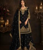 Black chinon silk sharara suit with embroidered dupatta