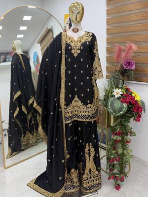 Black chinon silk sharara suit with embroidered dupatta 2