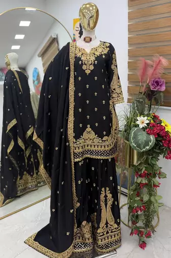 Black chinon silk sharara suit with embroidered dupatta