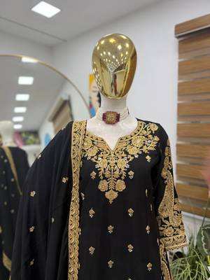 Black chinon silk sharara suit with embroidered dupatta 3