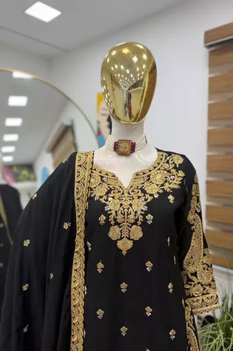 Black chinon silk sharara suit with embroidered dupatta