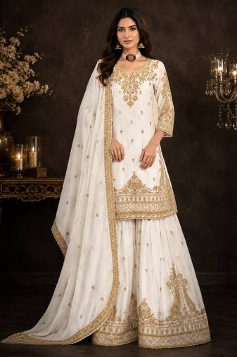 White chinon silk sharara suit with embroidered dupatta