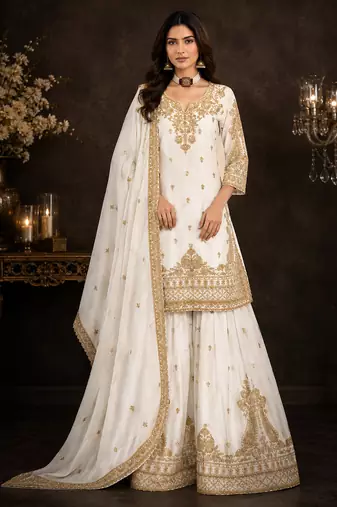 White chinon silk sharara suit with embroidered dupatta