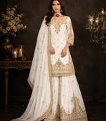 White chinon silk sharara suit with embroidered dupatta