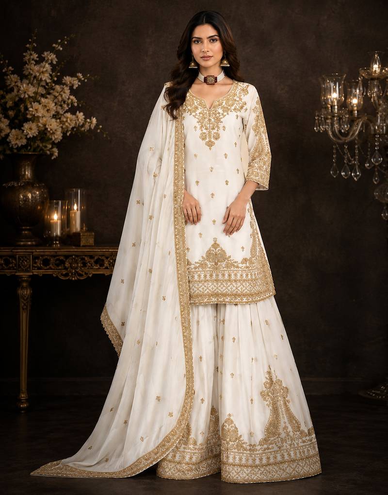 White chinon silk sharara suit with embroidered dupatta