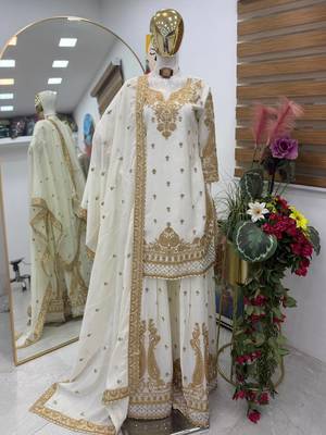 White chinon silk sharara suit with embroidered dupatta 2