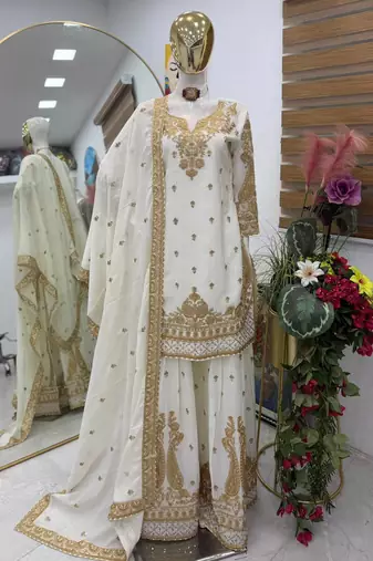 White chinon silk sharara suit with embroidered dupatta