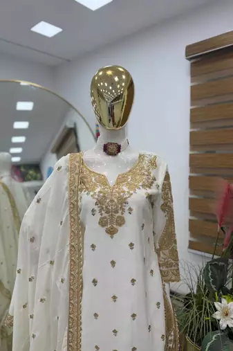 White chinon silk sharara suit with embroidered dupatta