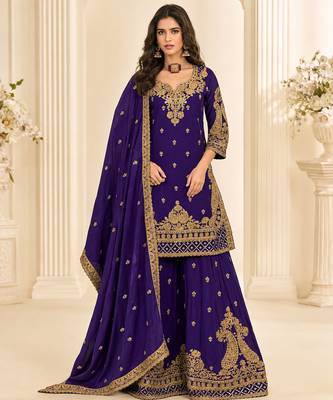 Blue chinon silk sharara suit with embroidered dupatta 1