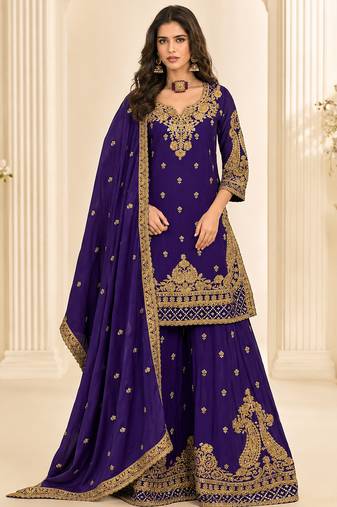Blue chinon silk sharara suit with embroidered dupatta