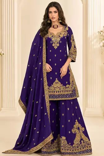 Blue chinon silk sharara suit with embroidered dupatta