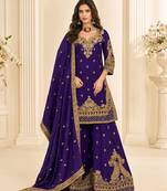 Blue chinon silk sharara suit with embroidered dupatta