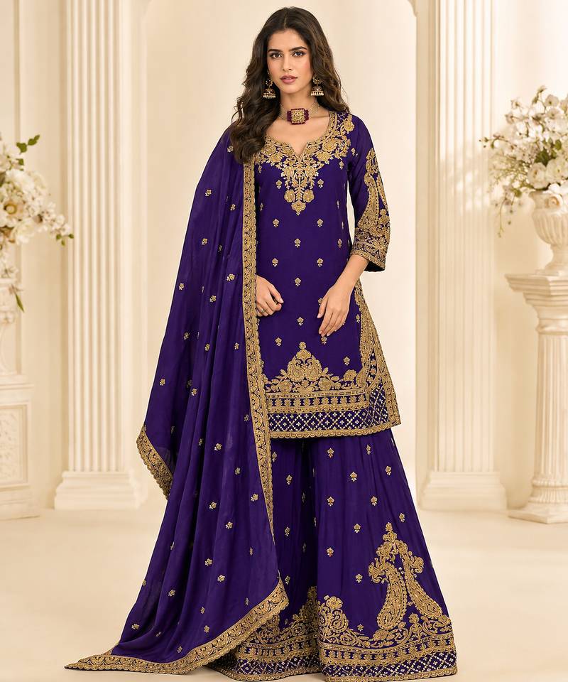 blue chinon silk blend sharara suit with embroidered dupatta