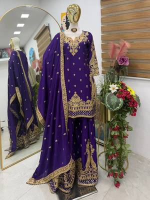 Blue chinon silk sharara suit with embroidered dupatta 2