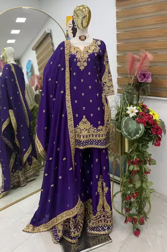 Blue chinon silk sharara suit with embroidered dupatta