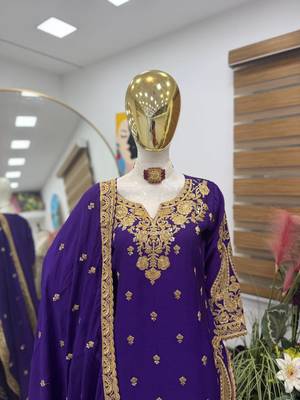Blue chinon silk sharara suit with embroidered dupatta 3