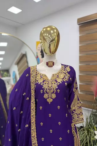 Blue chinon silk sharara suit with embroidered dupatta