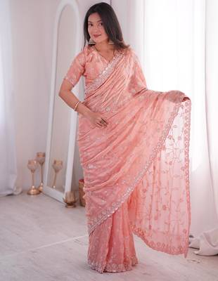 Peach  two tone fandy silk saree with heavy beads & moti work 1