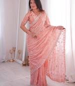 Peach  two tone fandy silk saree with heavy beads & moti work