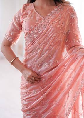 Peach  two tone fandy silk saree with heavy beads & moti work 2