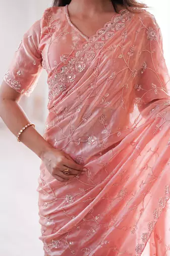 Peach premium two tone fandy silk saree with heavy beads & moti work