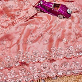 Peach  two tone fandy silk saree with heavy beads & moti work 3