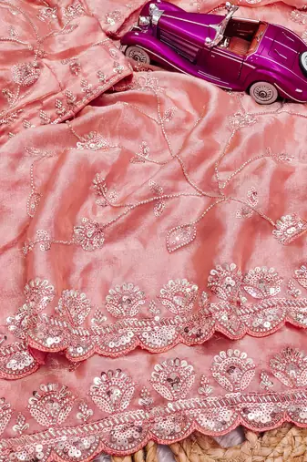 Peach premium two tone fandy silk saree with heavy beads & moti work