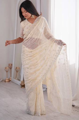 Cream premium two tone fandy silk saree with heavy beads & moti work