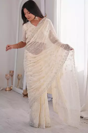 Cream premium two tone fandy silk saree with heavy beads & moti work