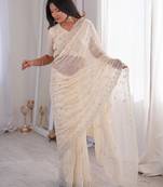 Cream  two tone fandy silk saree with heavy beads & moti work