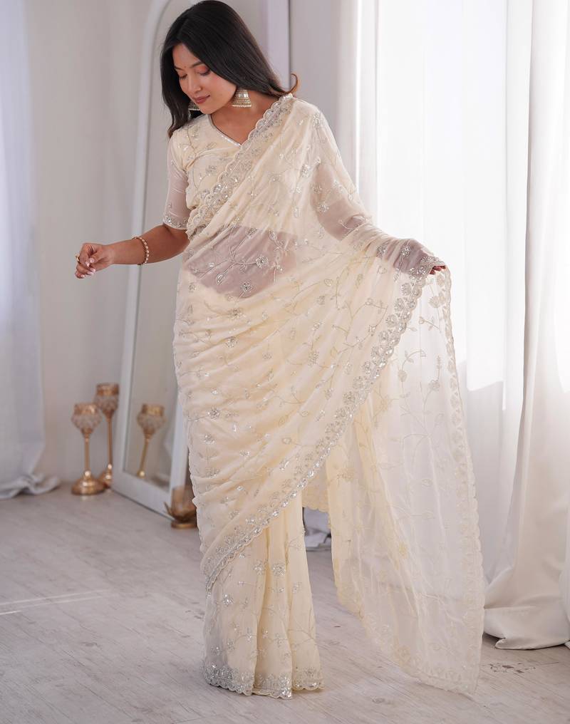 cream two tone fandy silk saree with beads & moti work