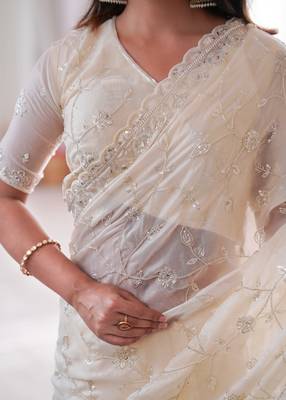 Cream  two tone fandy silk saree with heavy beads & moti work 2