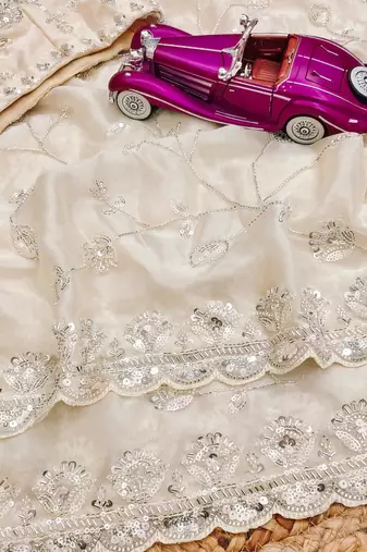 Cream premium two tone fandy silk saree with heavy beads & moti work