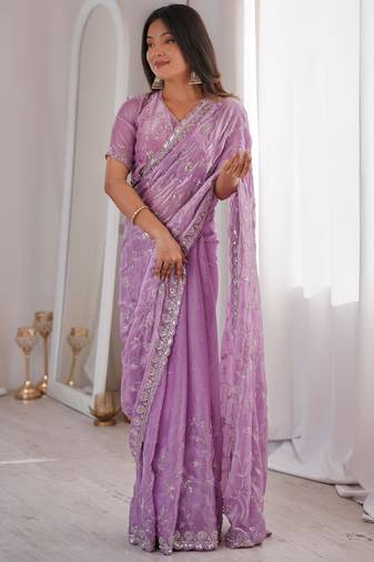 Light purple premium two tone fandy silk saree with heavy beads & moti work