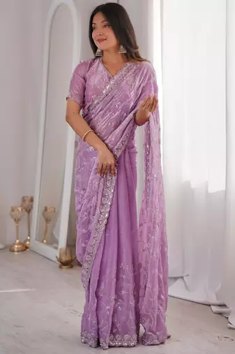 Light purple premium two tone fandy silk saree with heavy beads & moti work