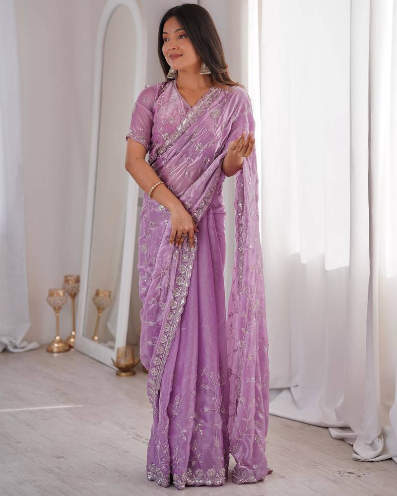 Light purple premium two tone fandy silk saree with heavy beads & moti work