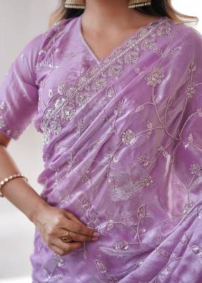 Light purple  two tone fandy silk saree with heavy beads & moti work 2