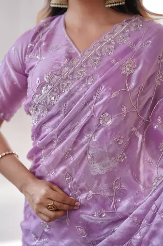 Light purple premium two tone fandy silk saree with heavy beads & moti work