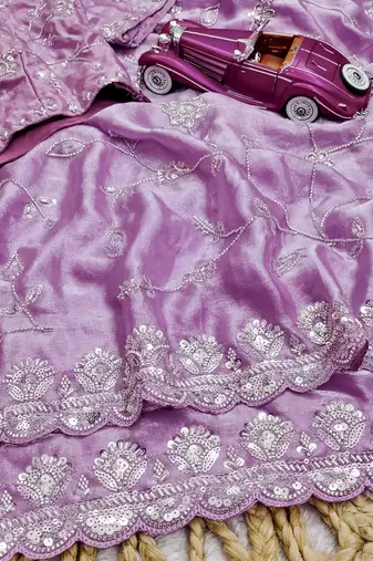 Light purple premium two tone fandy silk saree with heavy beads & moti work