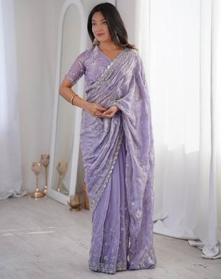Lavender  two tone fandy silk saree with heavy beads & moti work 1