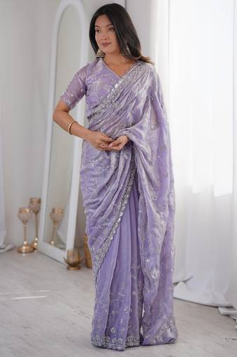 Lavender premium two tone fandy silk saree with heavy beads & moti work
